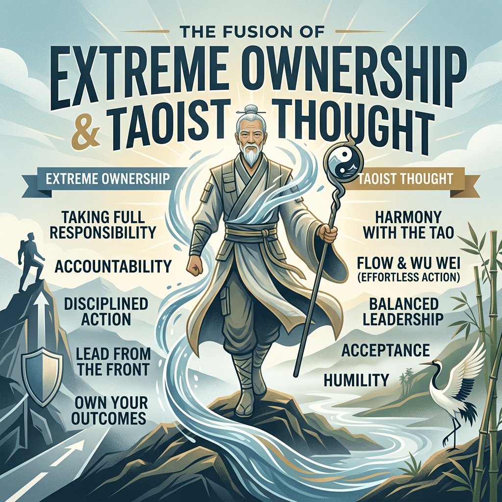 Comparison of Extreme Ownership and Taoist Thought principles with a central figure in traditional robes holding a staff, surrounded by symbolic elements.