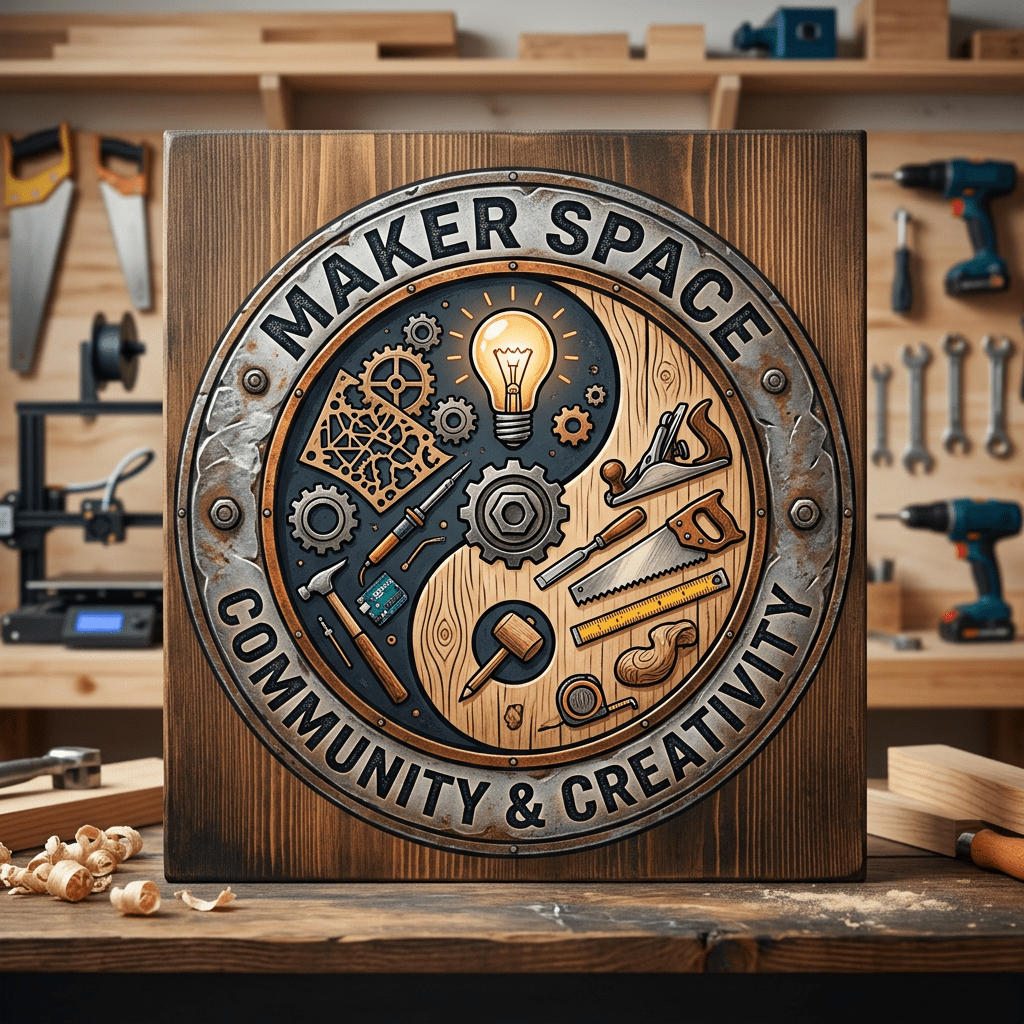 Round maker space emblem featuring tools, gears, light bulb, and 'Community & Creativity' text