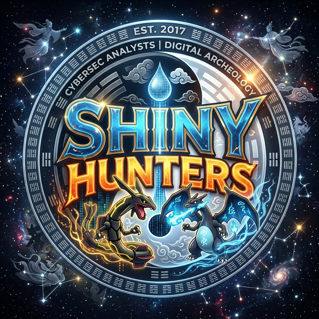 Emblem with two stylized dragons surrounding the text SHINY HUNTERS and digital archeology theme