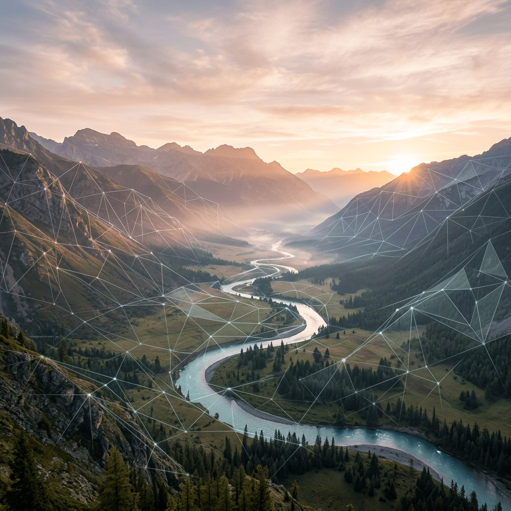 Winding river through a mountain valley with digital network lines overlay at sunrise
